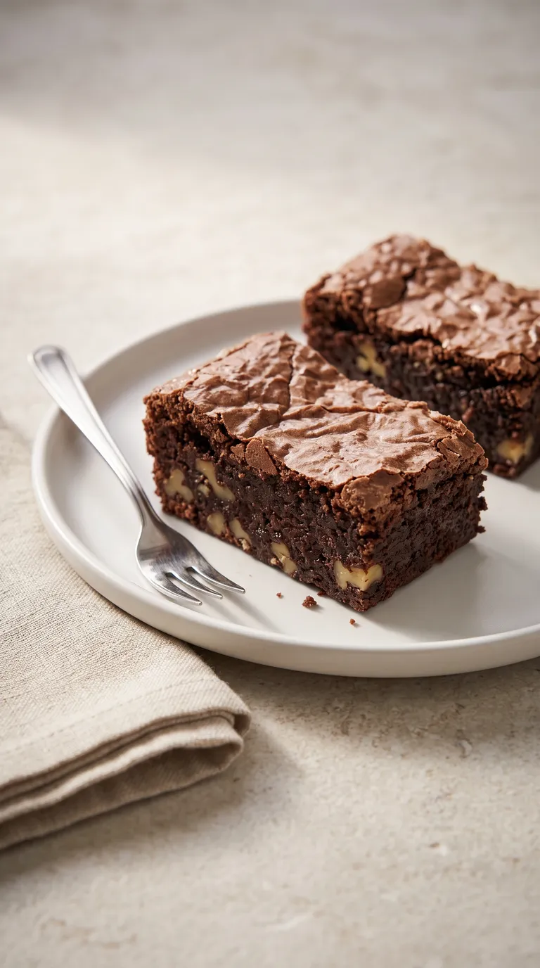 Brownie cortado en cuatro cuadrados grandes, servido en un plato blanco sobre una mesa de madera
