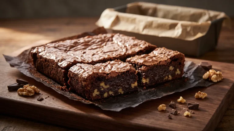 Brownie receta recién horneada: cuadrados de chocolate con corteza brillante y grietas finas sobre papel de horno
