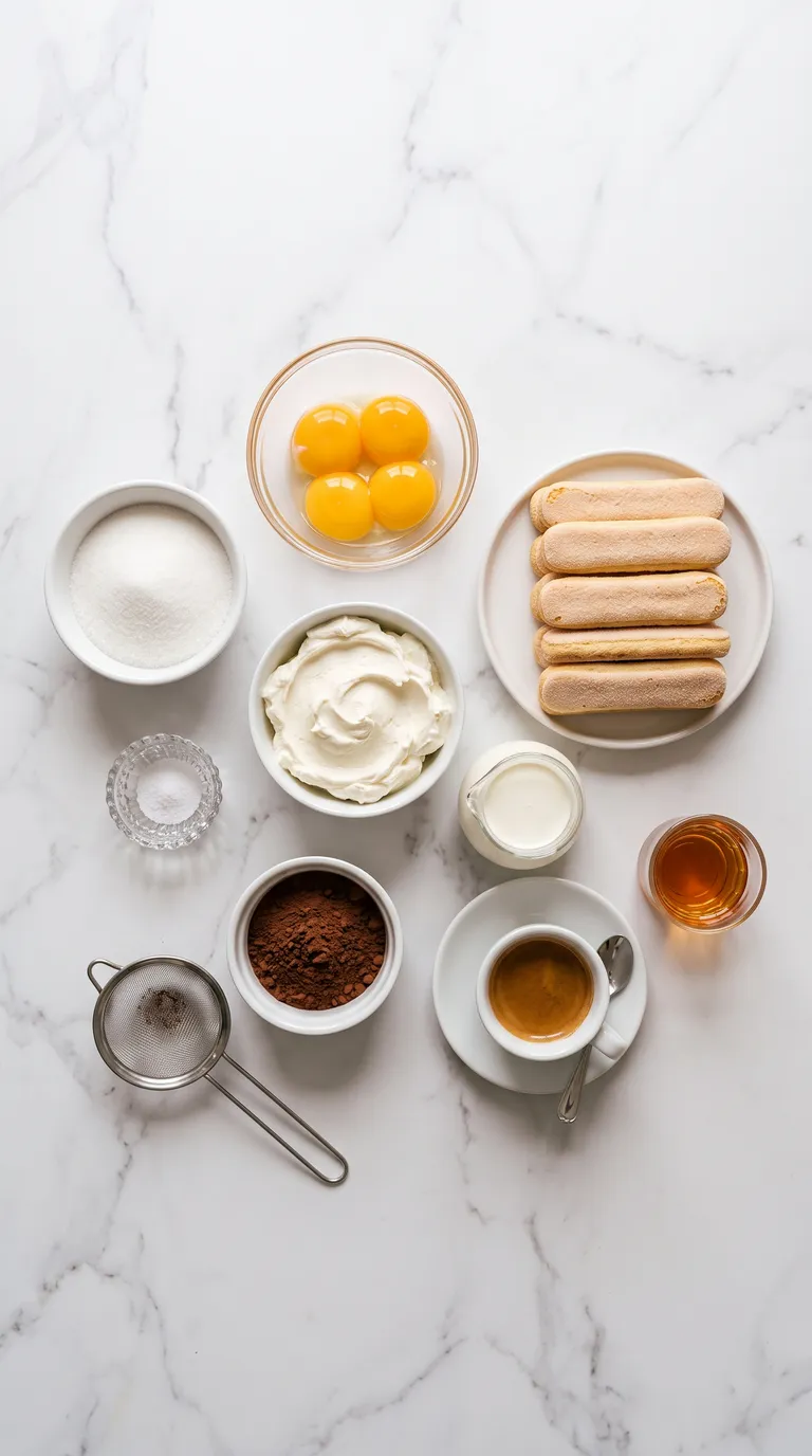 Ingredientes crudos para hacer tiramisú: mascarpone, yemas, café, vainillas y cacao amargo