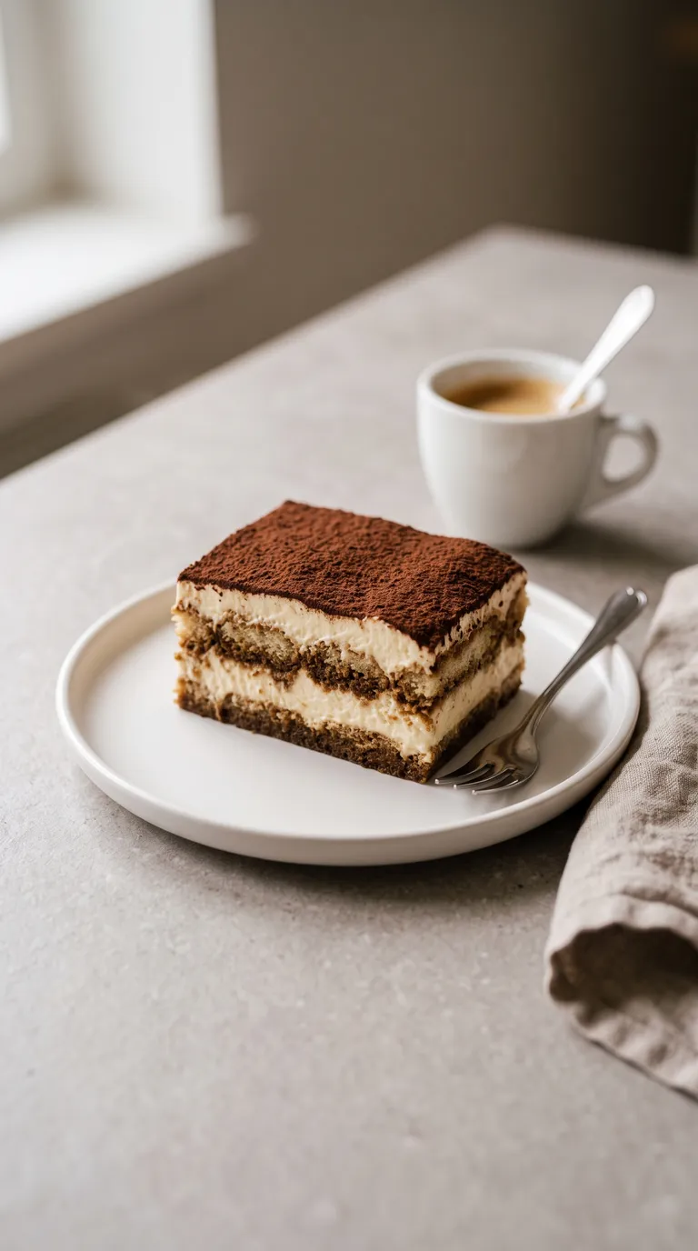 Porción de tiramisú servida en plato blanco mostrando las capas de café y mascarpone