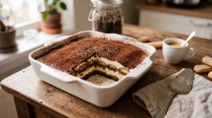 Tiramisu receta en fuente cuadrada blanca con una esquina cortada que muestra capas de bizcocho, crema y cacao
